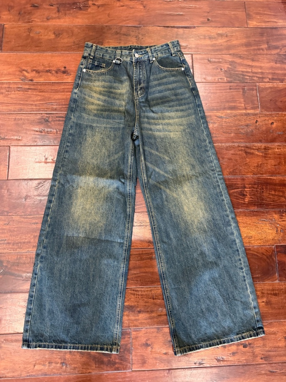 Men's Wide Leg Distressed Denim Jeans - Blue